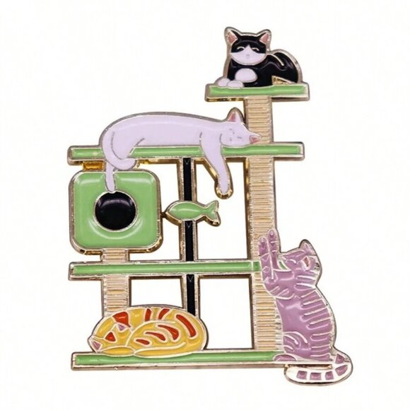 Cat Tree Crazy Slouchy Shelf Kitty Enamel Pin Lapel Brooches On Backpack - Picture 1 of 5